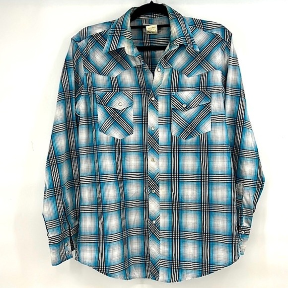 Wrangler plaid blue mens shirt Pearl snap button up size medium western - Picture 1 of 4